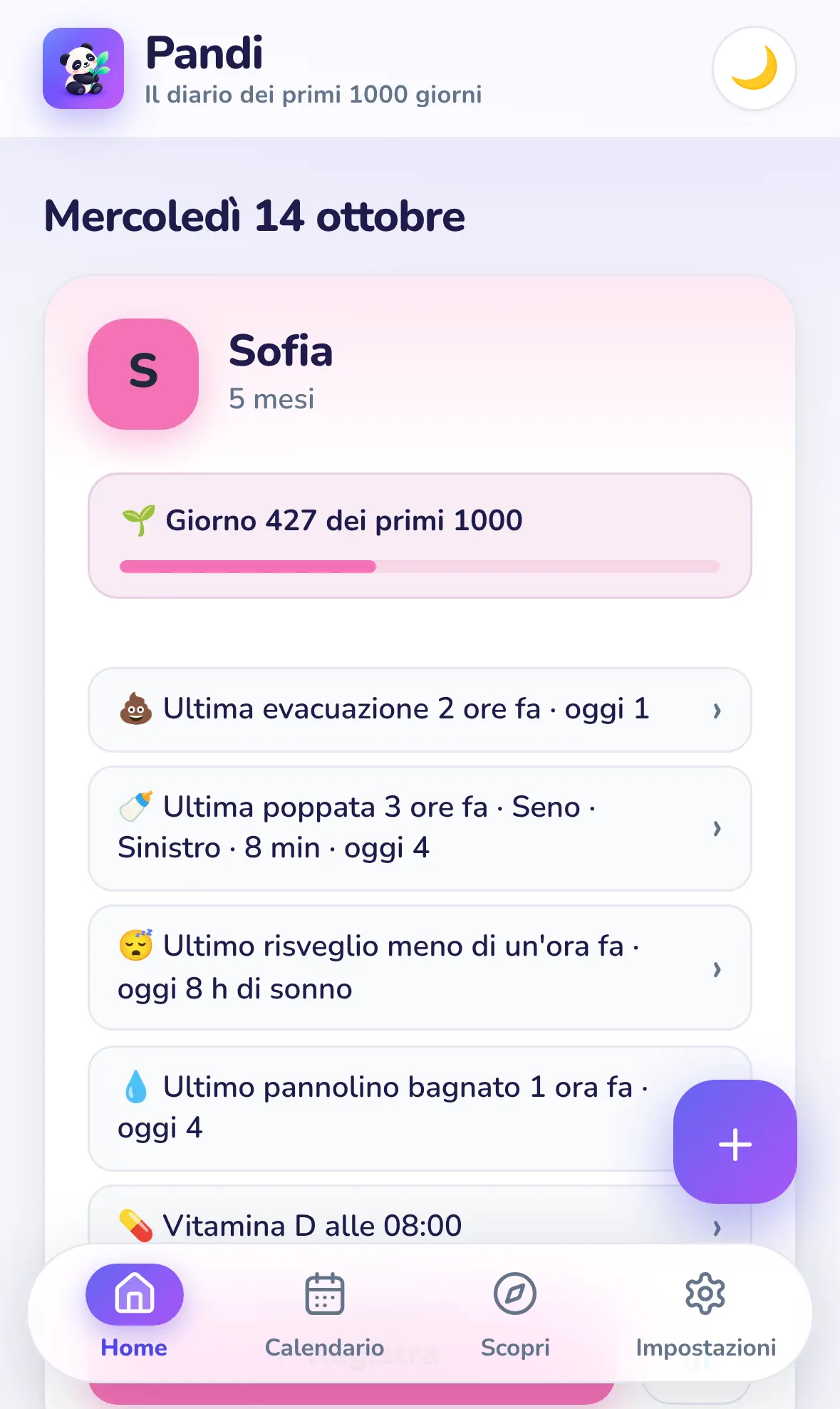 La schermata principale di Pandi con il riepilogo del bambino e il contatore dei primi 1000 giorni
